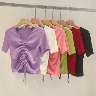 Drawstring Ruched V-neck Elbow-sleeve T-shirt