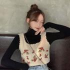 Long-sleeve Knit Top / Flower Embroidered Crochet Knit Vest
