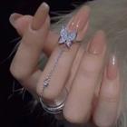 Butterfly Rhinestone Chained Open Ring Silver - One Size