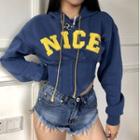 Letter Embroidered Lace-up Cropped Hoodie