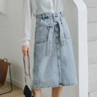 Tie-waist Washed Denim Skirt