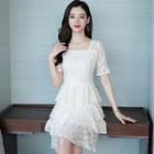 Short-sleeve Square-neck Lace Tiered Dress