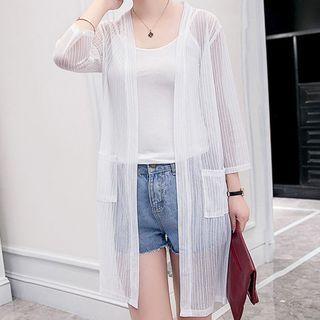 Striped 3/4-sleeve Open Front Cardigan