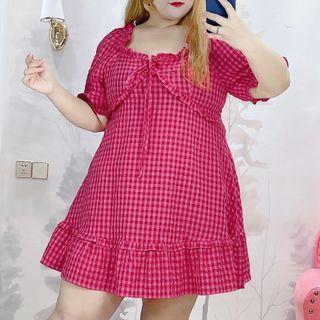 Off-shoulder Gingham Ruffle Trim A-line Dress