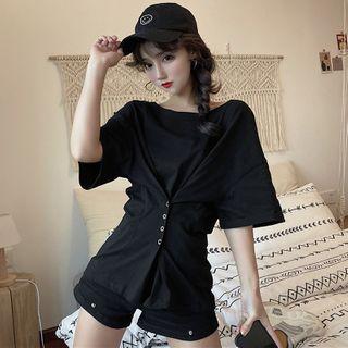 Elbow-sleeve Buttoned Waist T-shirt