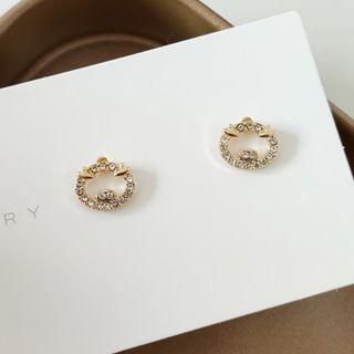 Rhinestone Pig Earring 1 Pair - 925 Silver Stud - Gold - One Size