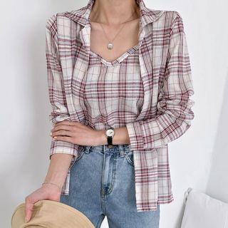 Set: Plaid Shirt + V-neck Spaghetti-strap Top