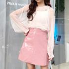 Sheer Long Sleeve Top / Patent High Waist Mini Skirt