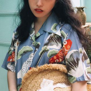 Fish Print Short-sleeve Blouse