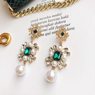 Faux Pearl Rhinestone Flower Dangle Earring Short - Faux Gemstone - Green - One Size
