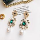 Faux Pearl Rhinestone Flower Dangle Earring Short - Faux Gemstone - Green - One Size