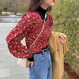 Floral Ruched Long-sleeve Slim-fit Blouse / Plain Turtle-neck Top