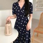 Short-sleeve Dotted Midi A-line Wrap Dress Dark Blue - One Size