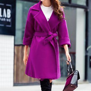 Plain Tie-waist Loose-fit Coat