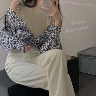 Mock Two-piece Patterned Cold-shoulder Blouse Black & White - One Size