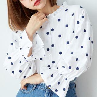 Smocked Bell Sleeve Dotted Print Top