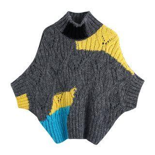 Batwing-sleeve Mock-neck Color Block Sweater