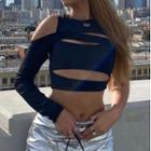 One Shoulder Long Sleeve Cut-out Crop Top