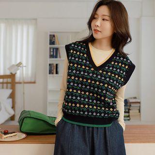 V-neck Flower-pattern Sweater Vest