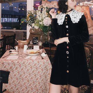 Crochet Collar Long-sleeve Embellished Velvet Dress