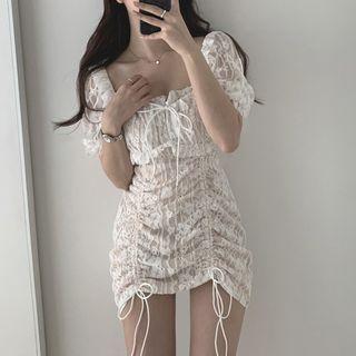 Short-sleeve Drawstring Lace Mini Sheath Dress
