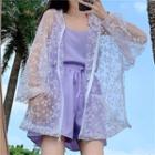 Flower Print Hooded Mesh Zip Jacket