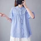 Elbow-sleeve Ruffled Button-up Blouse