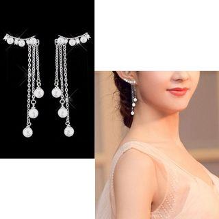 925 Sterling Silver Faux Pearl Fringed Earring 1 Pair - Silver Needle - Silver - One Size