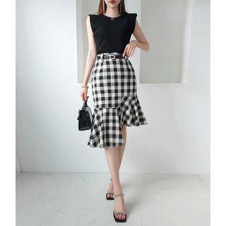 Asymmetric-hem Gingham Skirt Black - One Size