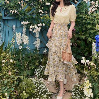 Puff-sleeve Embellished Top / Tiered Frill A-line Midi Skirt