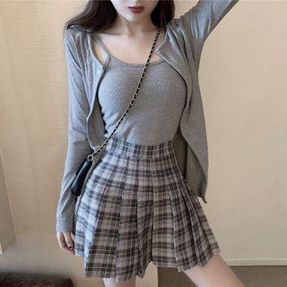 Plaid Pleated Skirt / Spaghetti Strap Top / Cardigan / Set