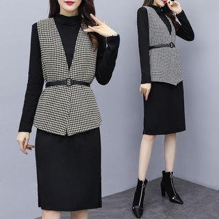 Set: Plain Long-sleeve Shift Dress + Houndstooth Vest