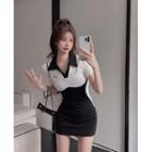 Short-sleeve Collar Two-tone Mini Sheath Dress Black & White - One Size