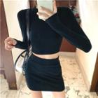 Set: Long Sleeve Plain Cropped Tee + Skirt