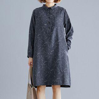 Collared Printed Long-sleeve Midi A-line Dress