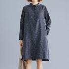 Collared Printed Long-sleeve Midi A-line Dress