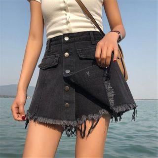 Buttoned Fray Hem Denim Skort