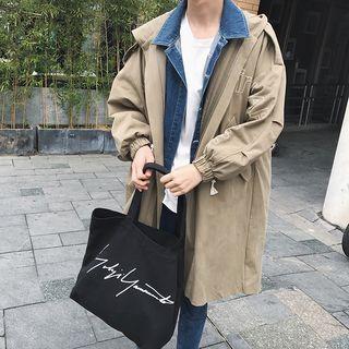 Lettering Embroidered Hooded Trench Coat