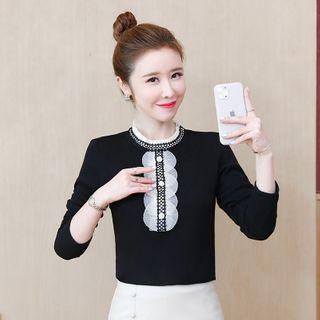 Long-sleeve Mock-neck Velvet Blouse