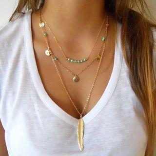 Turquoise Bead Feather Pendant Layered Necklace