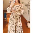 Square-neck Floral Print Dress With Cord Beige - One Size