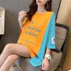 Contrast Color Letter Embroidered Short-sleeve T-shirt