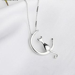 925 Sterling Silver Moon & Cat Pendant Necklace Silver - One Size