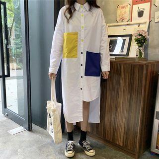 Long-sleeve Colored Pocket Asymmetric Hem Shirt Dress