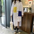 Long-sleeve Colored Pocket Asymmetric Hem Shirt Dress