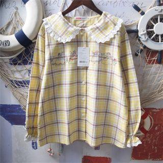 Long-sleeve Cartoon Embroidered Plaid Blouse