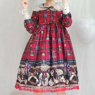 Long-sleeve Bear Print Lace Panel A-line Dress