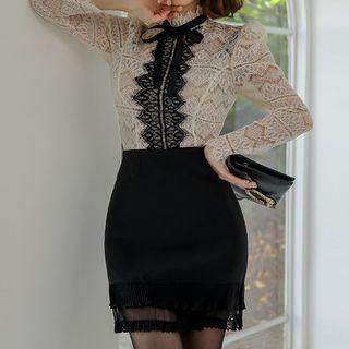 Set: Long-sleeve Lace Top + Mini Sheath Skirt
