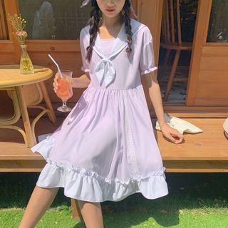 Sailor Collar Lace Ruffle Short Sleeve Dress