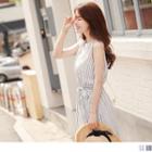 Pin-striped Button Down Waist Tied Sleeveless Dress